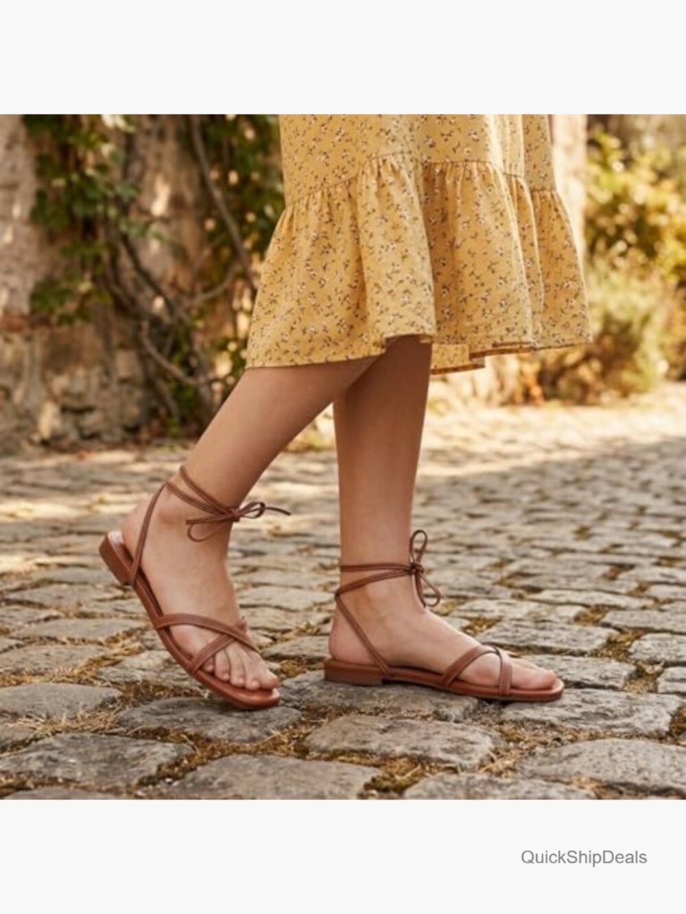 Leather Strappy Flat Sandals Square Toe Lace Up Slides - Picture 4 of 7